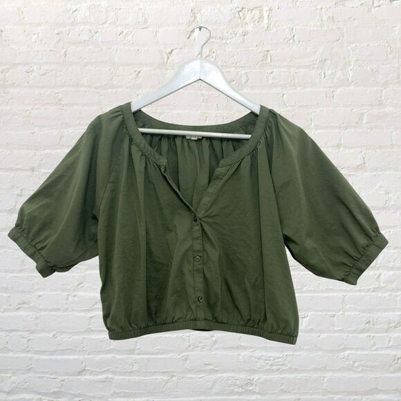 Aerie Crop Top Button-Front Size M Olive Green - Picture 2 of 14